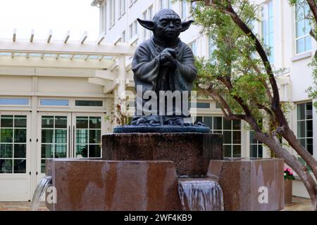 San Francisco, California: YODA Fountain. Fountain with a bronze statue of the Star Wars character Yoda, installed at the Lucasfilm offices Stock Photo