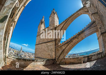 Terrace of the Cathedral of Santa Maria of Palma, or La Seu, a Gothic Roman Catholic cathedral located in Palma, Mallorca, Spain, Stock Photo