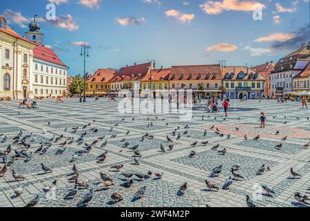 SIBIU, TRANSYLVANIA, ROMANIA - JULY 9, 2020: The main square from the center of the city, first time mentioned in 1408. Stock Photo