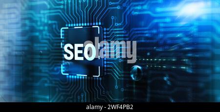 Inscription SEO on 3d Electronic Circuit Board Chip CPU Stock Photo