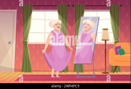 Looking to mirror elderly woman standing in big living room and self looking Stock Vector