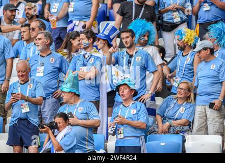 Samara, Russia – June 25, 2018. Stand with Uruguayan fans before FIFA World Cup 2018 match Uruguay vs Russia (3-0). Stock Photo