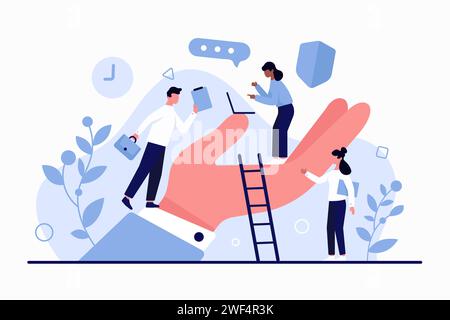 Support and care of corporate company manager for wellbeing and safety of employees. Giant boss hand holding tiny people working with laptop in comfort environment cartoon vector illustration Stock Vector