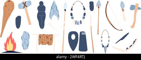 Primitive culture tools. Stone age stone or wooden weapon, hammer ...