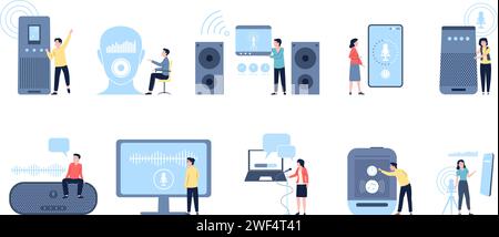 Virtual voice assistant. Digital smart speaker, people use voice control and online translator in daily life. Speech recognition technology, recent Stock Vector