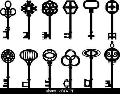 Decorative Ornate Vintage Key Silhouette, Medieval Abstract Key Elements Stock Vector
