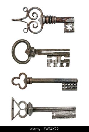 Old ancient metal key collection, medieval keys isolated Stock Photo