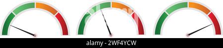 Speed dial indicator, Green and red meter, low and high barometers set of collection, Speedometers icons set, indicator level Stock Vector