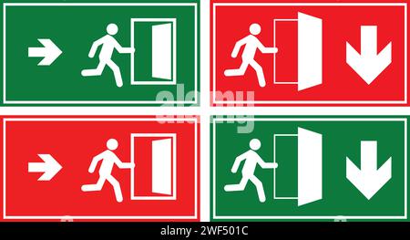 Emergency fire exit sign, Emergency sign, Emergency exit, Emergency Exit sign board, Green emergency exit sign, Fire sign Stock Vector