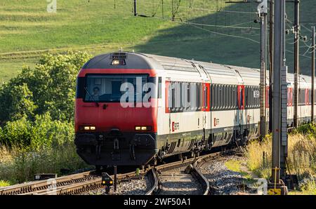 Interregio Ein Steuerwagen Einheitswagen IV der SBB ist als Interregio unterwegs von Zürich nach Schaffhausen. Angetrieben wird der Zug von einer Lok 2000 am Ende. Hüntwangen, Schweiz, 17.07.2023 *** Interregio An SBB standard coach IV is en route as an Interregio from Zurich to Schaffhausen The train is driven by a 2000 locomotive at the end of Hüntwangen, Switzerland, 17 07 2023 Stock Photo