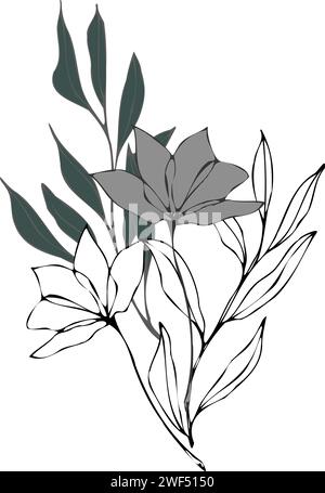 abstract wild flowers twigs with leaves. line art vector botanical illustrations. hand drawn greenery ink collection. Modern design for logo, tattoo Stock Vector