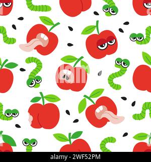 Vector hand drawn seamless pattern. Red crazy apples and caterpillar on white background Stock Vector