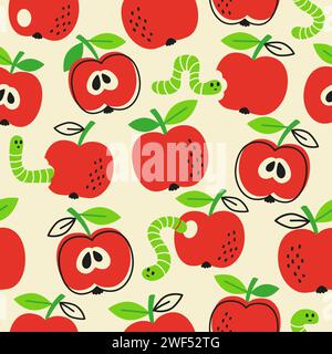 Vector hand drawn seamless pattern in a doodle style. Red apples and caterpillar on yellow background Stock Vector