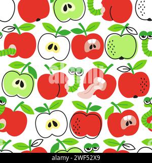 Vector hand drawn seamless pattern in a doodle style. Red and green apples and caterpillar on dark background Stock Vector