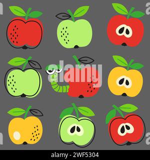 Vector hand drawn seamless pattern in a doodle style. Red, green and yellow apples and caterpillar on dark background Stock Vector