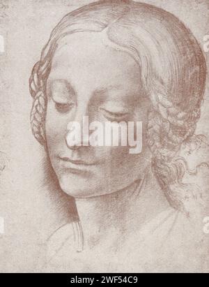 This hand drawing by Leonardo da Vinci shows the head of a girl . It is housed in library in Milan, Italy. Leonardo di ser Piero da Vinci (1452-1519) was an Italian polymath of the High Renaissance who was active as a painter, draughtsman, engineer, scientist, theorist, sculptor, and architect. Stock Photo