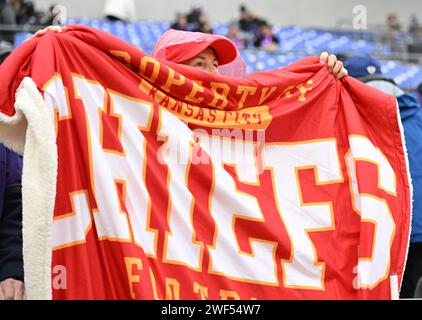 Baltimore, United States. 28th Jan, 2024. A Kansas City Chiefs fan cheers for her team before the start of the 2024 AFC Championship Game against the Baltimore Ravens at M&T Bank Stadium in Baltimore, Maryland on Sunday, January 28, 2024. Photo by David Tulis/UPI Credit: UPI/Alamy Live News Stock Photo