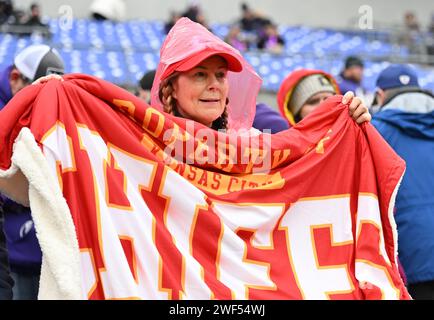 Baltimore, United States. 28th Jan, 2024. A Kansas City Chiefs fan cheers for her team before the start of the 2024 AFC Championship Game against the Baltimore Ravens at M&T Bank Stadium in Baltimore, Maryland on Sunday, January 28, 2024. Photo by David Tulis/UPI Credit: UPI/Alamy Live News Stock Photo