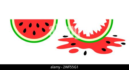 Slice of watermelon - fruit is full half or eaten and damaged. Vector illustration isolated on white. Stock Photo