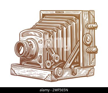 Old vintage camera with bellows. Retro wooden photo camera. Sketch vector illustration Stock Vector