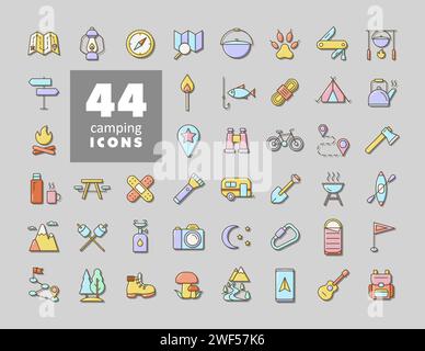 Camping, Hiking, Nature and Outdoor Activities isolated icons set. Graph symbol for travel and tourism web site and apps design, logo, app, UI Stock Vector