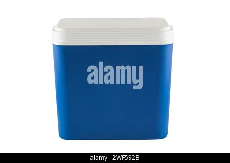 Closed blue plastic cooler isolated on white background Stock Photo