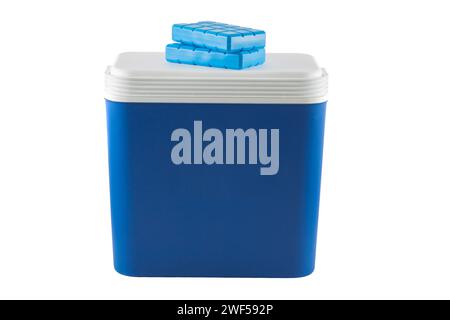 Closed blue plastic cooler isolated on white background Stock Photo