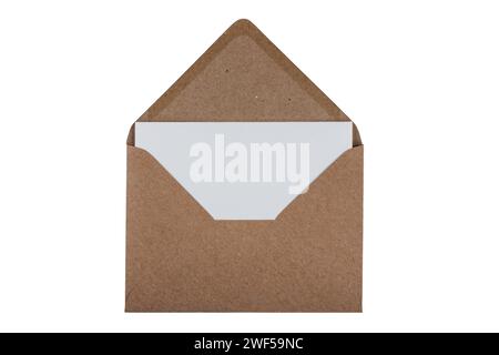 Empty white greeting card in a brown envelope isolated on a white background Stock Photo