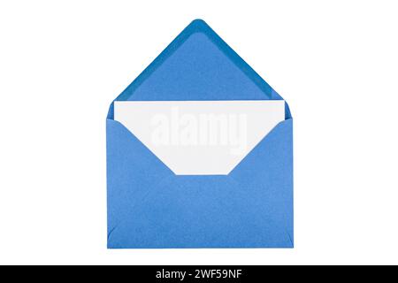Empty white greeting card in a blue envelope isolated on a white background Stock Photo