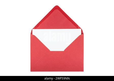 Empty white greeting card in a red envelope isolated on a white background Stock Photo