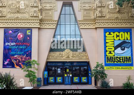 Comic Con Museum Building Facade Entrance with Pop Culture Information Wall Posters in San Diego, California World Famous Balboa Park Stock Photo