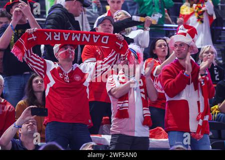 Denmark fans during EHF Men's EURO 2024 final handball match between France and Denmark in Cologne, Germany. 28th Jan, 2024. Photo: Sanjin Strukic/PIXSELL Credit: Pixsell/Alamy Live News Stock Photo