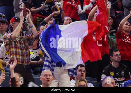 France fans during EHF Men's EURO 2024 final handball match between France and Denmark in Cologne, Germany. 28th Jan, 2024. Photo: Sanjin Strukic/PIXSELL Credit: Pixsell/Alamy Live News Stock Photo