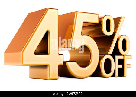 45 percent discount. Golden 45 percent off, text. Discount and sale, concept. 3D rendering Stock Photo