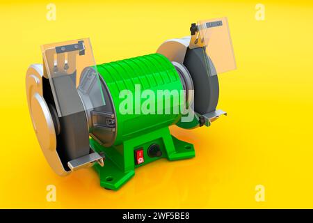 Double ended grinding machine on yellow backdrop. 3D rendering Stock Photo