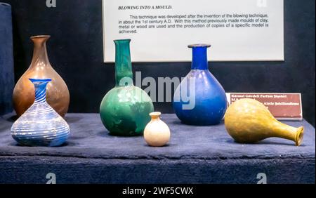 Moulded jars, glass or clay, mould jar, colorful jars moulded in the 1st century A.D., ancient Roman, Izmir museum. Vase art in ancient Rome Stock Photo