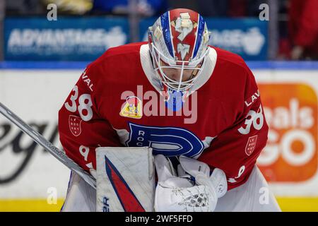 January 27th, 2024: Laval Rocket goaltender Strauss Mann (38) skates in the second period against the Rochester Americans. The Rochester Americans hosted the Laval Rocket in an American Hockey League game at Blue Cross Arena in Rochester, New York. (Jonathan Tenca/CSM) Stock Photo