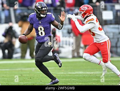 Baltimore, United States. 28th Jan, 2024. Baltimore Ravens quarterback Lamar Jackson (8) scrambles under pressure from Kansas City Chiefs cornerback L'Jarius Sneed in the second quarter during the 2024 AFC Championship Football Game at M&T Bank Stadium in Baltimore, Maryland on Sunday, January 28, 2024. Photo by David Tulis/UPI Credit: UPI/Alamy Live News Stock Photo