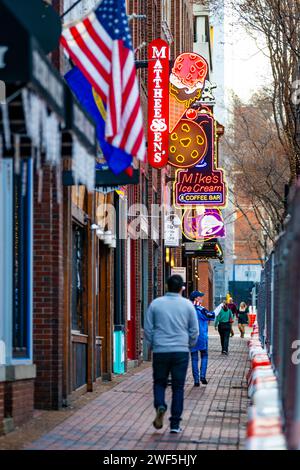 Nashville, TN, USA - 12-24-2023: Famous Neon signs of blues clubs on Beale street at day in downtown Nashville city attraction Stock Photo