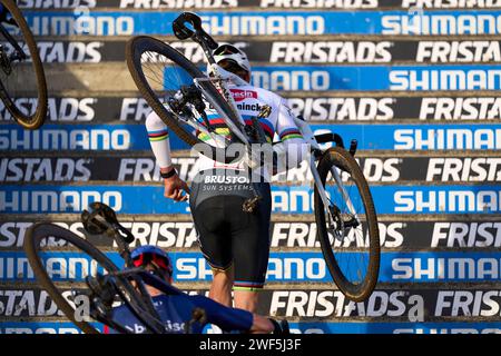 HOOGERHEIDE, NED - JANUARY 28: Mathieu van der Poel NED competing in the Woman men race during the World Cup Cyclocross Men on January 28, 2024 in Hoogerheide, NED Stock Photo