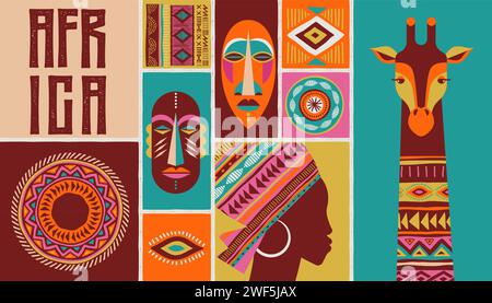 Africa patterned design. African background, banner with tribal traditional grunge pattern, elements, concept illustration. Masks, patterns, African Stock Vector