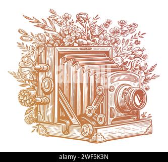 Retro camera in flowers and plants. Hand drawn photo camera with wildflowers. Vintage vector illustration Stock Vector
