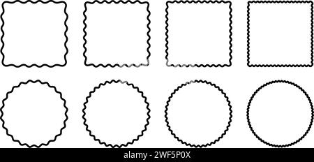 Set of circle and square frames with wavy and zigzag edges. Rectangular and round shapes with curvy and jagged borders isolated on white background. Vector graphic illustration Stock Vector