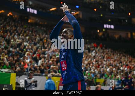 Cologne, Germany. 28th Jan, 2024. Dylan Nahi (France) incites the fans during 2nd and 1st place final of the Menâ&#x80;&#x99;s EHF Euro 2024 match between France vs Denmark at the Lanxess Arena, Cologne, Germany Credit: Independent Photo Agency/Alamy Live News Stock Photo