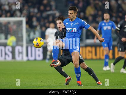Alberto Grassi of Empoli Fc (R) and Fabio Miretti of Juventus (L) seen in action during the match between Juventus Fc and Empoli Fc as part of Italian Serie A, football match at Allianz Stadium, Turin. Final score; Juventus Fc 1 : 1 Empoli Fc. Stock Photo
