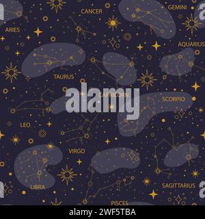 Seamless pattern of zodiac signs. Twelve constellations, stars, night sky background. Leo, Scorpio, Gemini, Pisces linear symbols in space. Vector ill Stock Vector