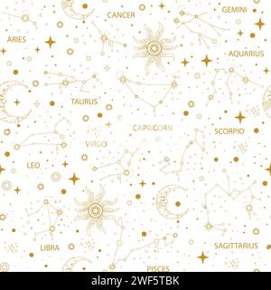 Seamless pattern of zodiac signs. Twelve golden constellations, stars, sky background. Leo, Scorpio, Gemini, Pisces linear symbols in space. Vector il Stock Vector