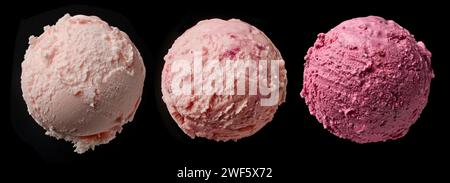 three different pink ice cream balls on black background, top view Stock Photo