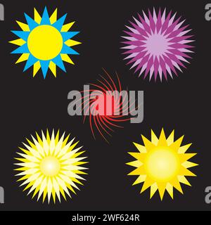set of five  sun or star effects on black background Stock Vector