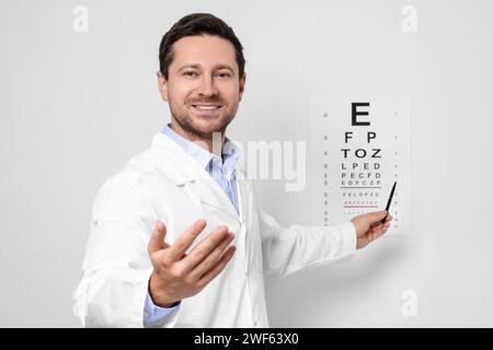 Ophthalmologist pointing at vision test chart on white wall Stock Photo